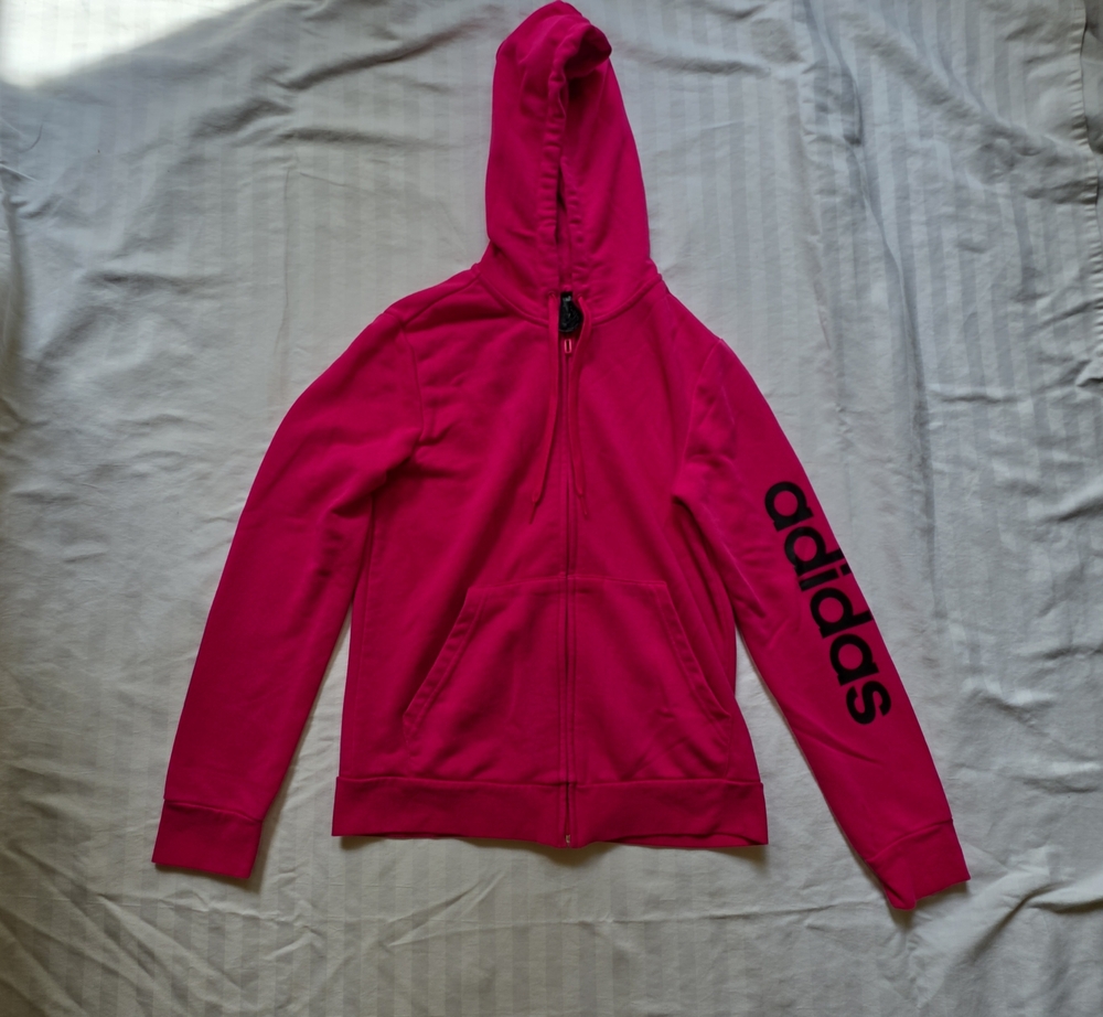 adidas Bright Pink Full-Zip Hoodie with Black Sleeve Logo